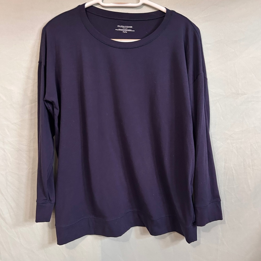 Eileen Fisher Petite Navy Blue Organic Cotton Stretch Crew Neck Top PM